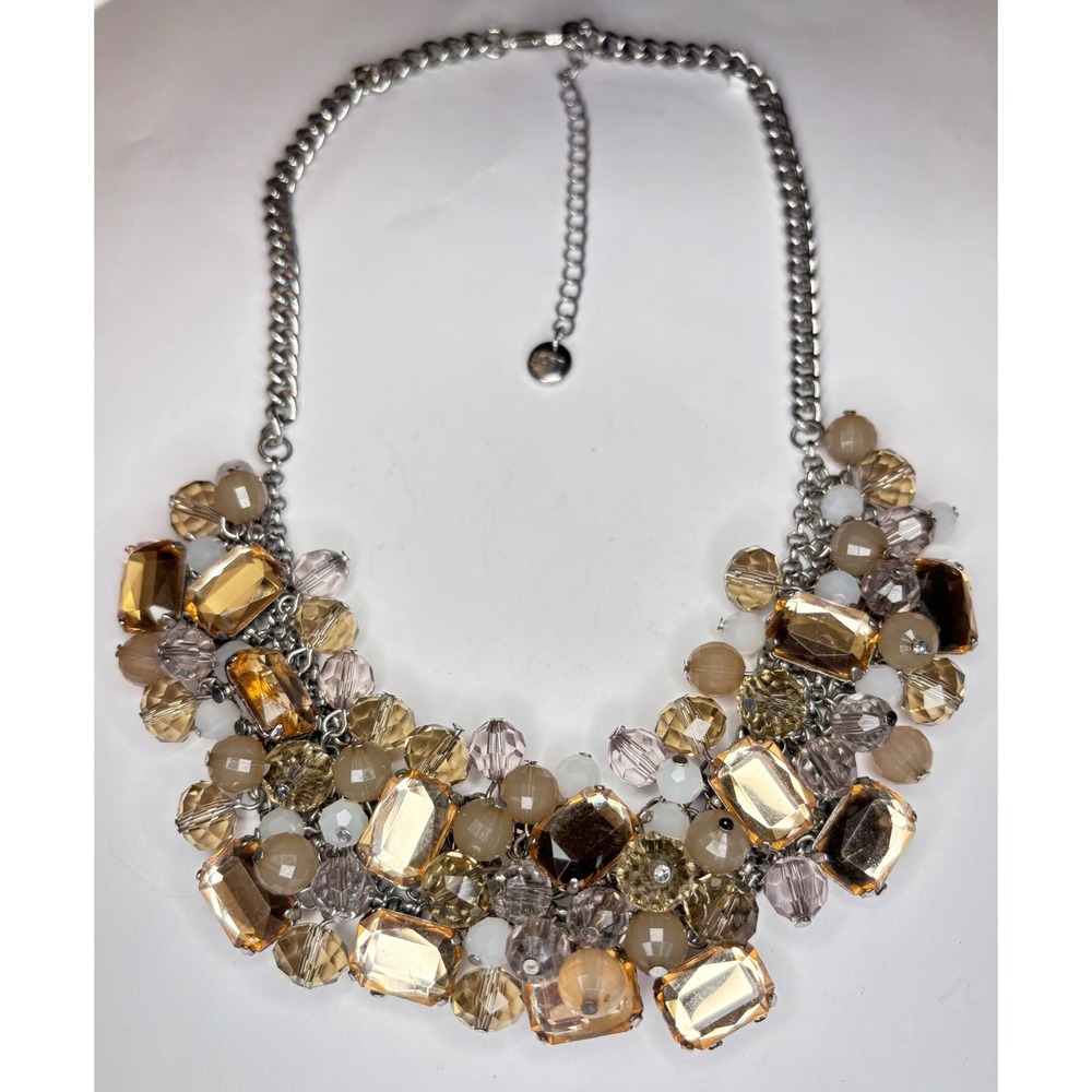 Vintage Loft Statement Bib Necklace Champagne Crystal Cluster Silver Tone 2"